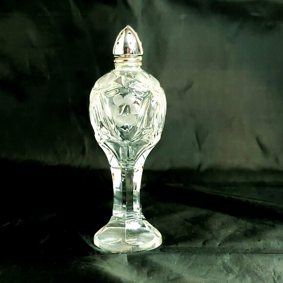 Vintage Cut Crystal Pedestal Salt Pepper Shaker Etched Floral Design Metal Lid - Picture 2 of 5